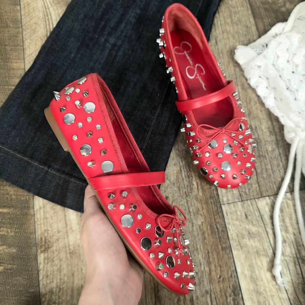 Jessica Simpson Red Studded Mary Jane Flats Size 7  Indie Sleaze